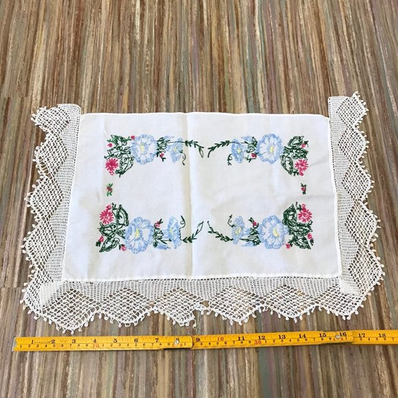 Hand Embroidered White Cotton Vanity Dresser Table Mat Crochet Trim Blue Floral - Picture 4 of 4